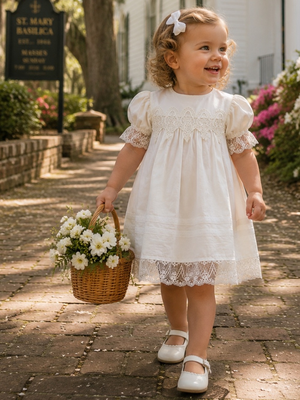 Jessica McClintock Girls White Cotton Lace Trim Puff Sleeve Dress 2T Made in USA